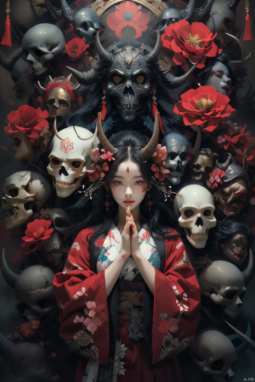 (masterpiece:1.2), best quality,pixiv,1girl, flower, black hair, red eyes, hair ornament, hair flower, mask, looking at viewer, red flower, long sleeves, standing, red dress, holding, tattoo, wide sleeves, dress, own hands together, horns, skull, artist name, short hair, chinese clothes, robe   