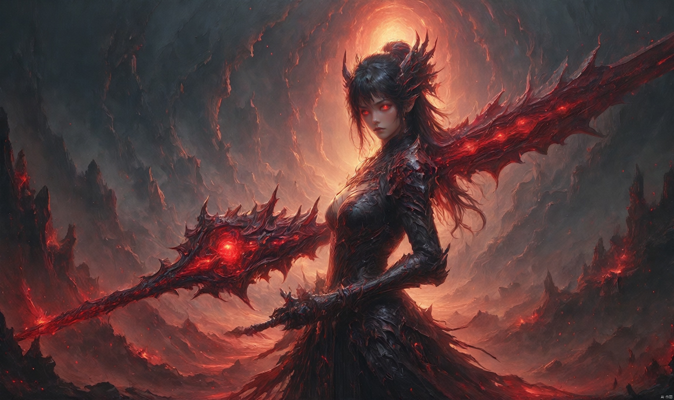  Dark style, woman, stretching out a demon hand to cover her face, revealing the other half of her face, red glowing eyeballs, delicate, a mixture of demon and human, half human and half demon, different world,countlessstrangeeyesbackground,void,怪物, oil painting, qzcnhorror, shine eyes01, ananmo, Wielding sword