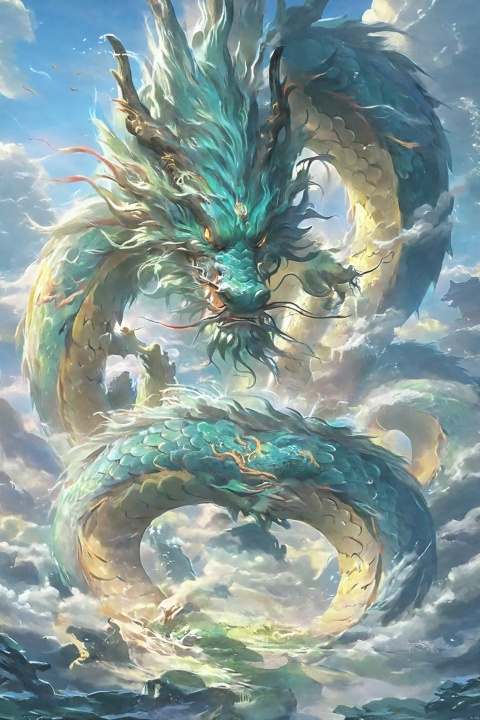  Chinese-style dragon, the golden light is shining, and the with clouds are floating around, guofeng