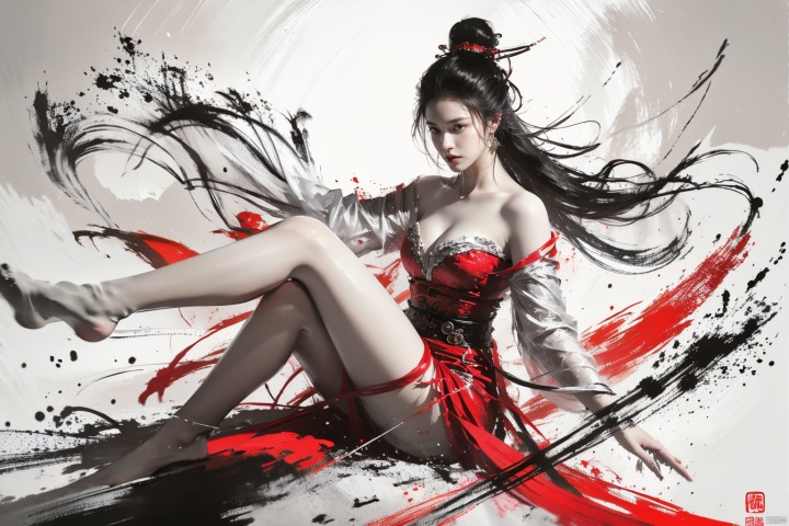  A girl, long hair, strapless, short skirt, cleavage,Masterpieces, masterpieces, high-definition image quality, Ink scattering_Chinese style,Show your legs,cleavage, wunv, xianjing hanfu crane