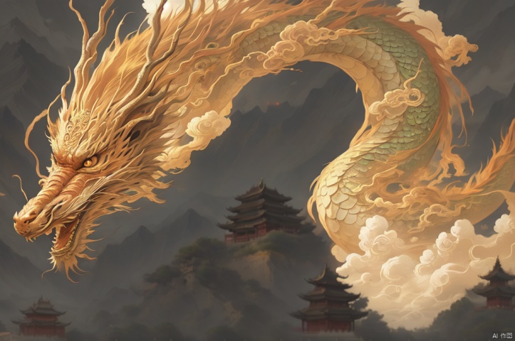 The dragon soars in the sky, surrounded by golden clouds, with ancient chinese Chinese buildings, courtyards, mysterious pavilions, and mountains in the background