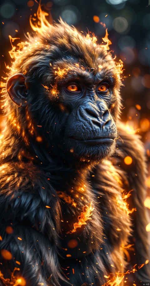 Apes, gorillas, mouths wide open,,The whole body,flame, burning,sparks,light particles,yinghuo,Colorful flames, blue_zhangyu, No humans,