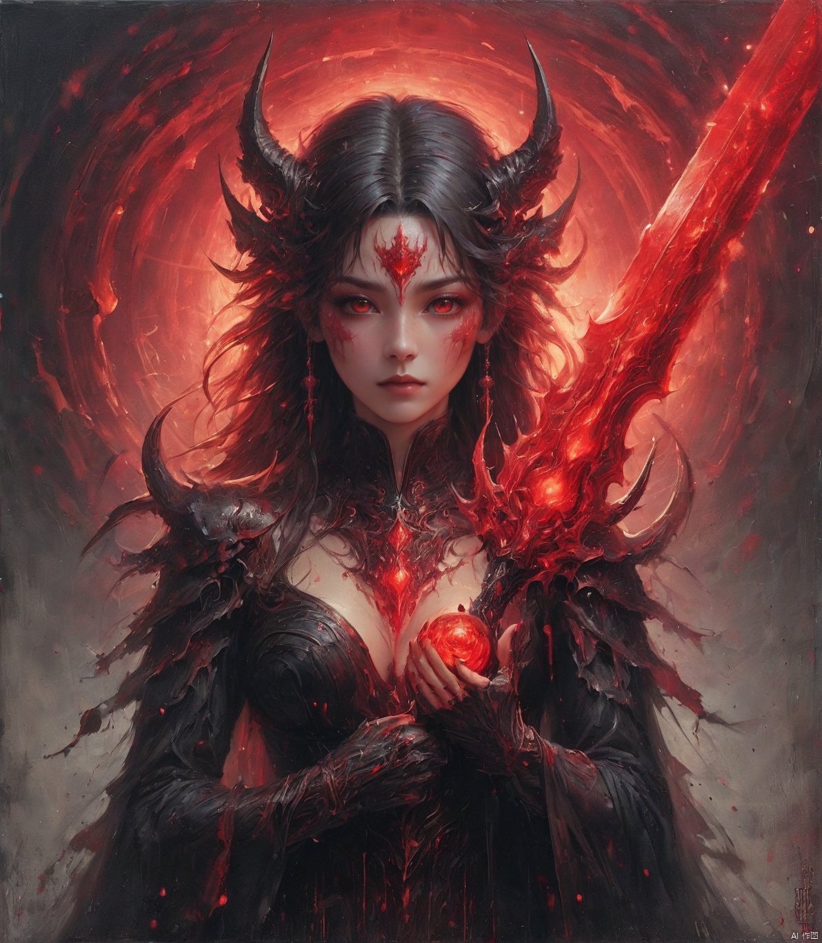  Dark style, woman, stretching out a demon hand to cover her face, revealing the other half of her face, red glowing eyeballs, delicate, a mixture of demon and human, half human and half demon, different world,countlessstrangeeyesbackground,void,怪物, oil painting, qzcnhorror, shine eyes01, ananmo, Wielding sword