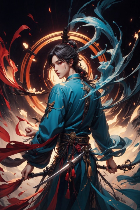 (((Turn around))),Sharp eyes,male,chinese_style,(sword:1.2),medium hair,red eyes,(solo:1.3),,
Professional,(masterpiece:1.2),best quality,PIXIV,taoist, eaba, huacheng,Look into the camera,Blue robes, blue clothes