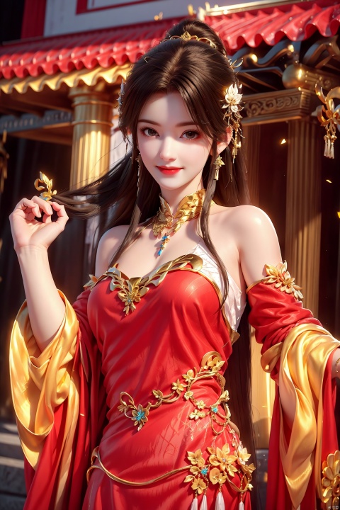  (((upper body))), Open your hands. Open your hands, Looking from top to bottom,A girl,Long red hair,red dress,God of wealth,((( full body))), lots of gold coins falling, gold coins shining, festive atmosphere, solo, blush, (smile: 1.3), smiling eyes,, wide sleeves,, hat, 3D modeling and rendering, high definition, detail enhancement,facai, facai,Hair accessories,,messy bun, looking at the audience, soft lighting,Best quality, ultra-high resolution, (photo realism: 1.4),enticing posture, 1girl, facai,yuzu, qingyi,hair ornament