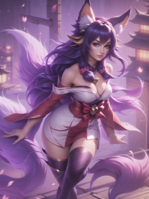 1girl,long hair, bell, bare shoulders, cleavage, fox ears, hair beel,hair ornament, japanese clothes, kimono,tail,fox tail, facial hair, (whisker marking:1.1),cityscape, night, legwear,  bowtie, looking at viewer,  , shamila, league of legend,Ahri