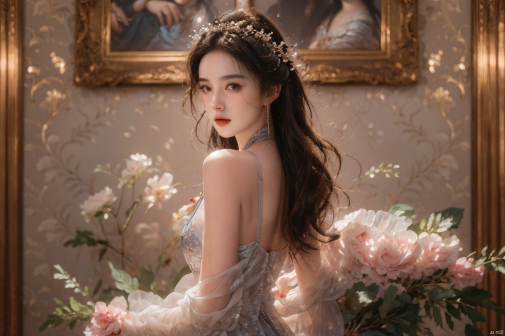 Mona Lisa, Mona Lisa smile,Put your hands together and pray, girl God, masterpiece,(best quality),official art, extremely detailed cg 8k wallpaper,((crystalstexture skin)), (extremely delicate and beautiful),highly detailed,1girl,solo,long hair,ruhua, qianjin, liuyifei,Back, looking back, turning head