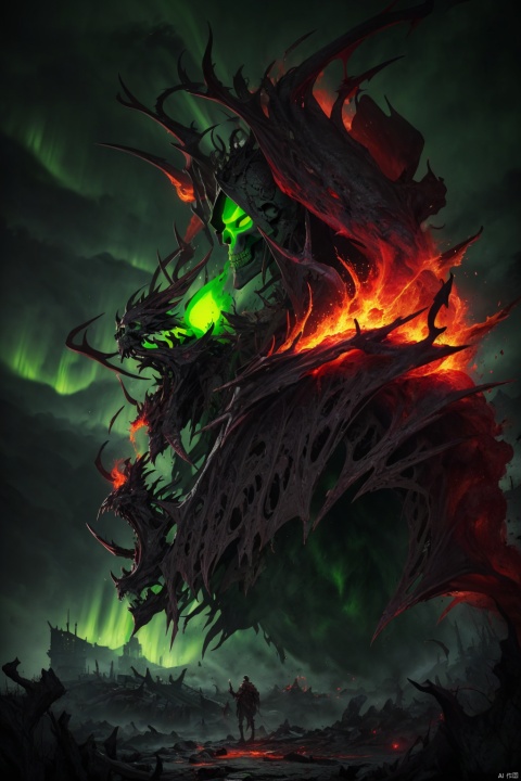  powerfull,horror photo of a (a green skull face demon lich:1.2),cloak,((half body view)),((glowing green eyes)),demonic magic,looking at the viewer,smoke cloak,(cinematic pose),tall structures,aurora background,perfect hands,detailed symmetric circular iris,shadow black magic,apocalyptic,green lightning effects,dark green sky,infernal city background,tall structures,infernal towers background,dark green colors,apocalyptical,realistic,stunning realistic photograph,3d render,octane render,intricately detailed,cinematic,Isometric,dark fantasy theme,mystical,Dark theme,underworld theme,deviant art masterpiece,crimson eyes,colour grading,dark illustration,extreme quality,extremely detailed,ultra-detailed face,ultra hd 8k,red lightning,concept art,hyperdetailed,triadic colours,fantastical,intricate detail,splash screen,complementary colours,fantasy concept art,8k resolution,soft lighting,film photography,film grain,hyperrealist,