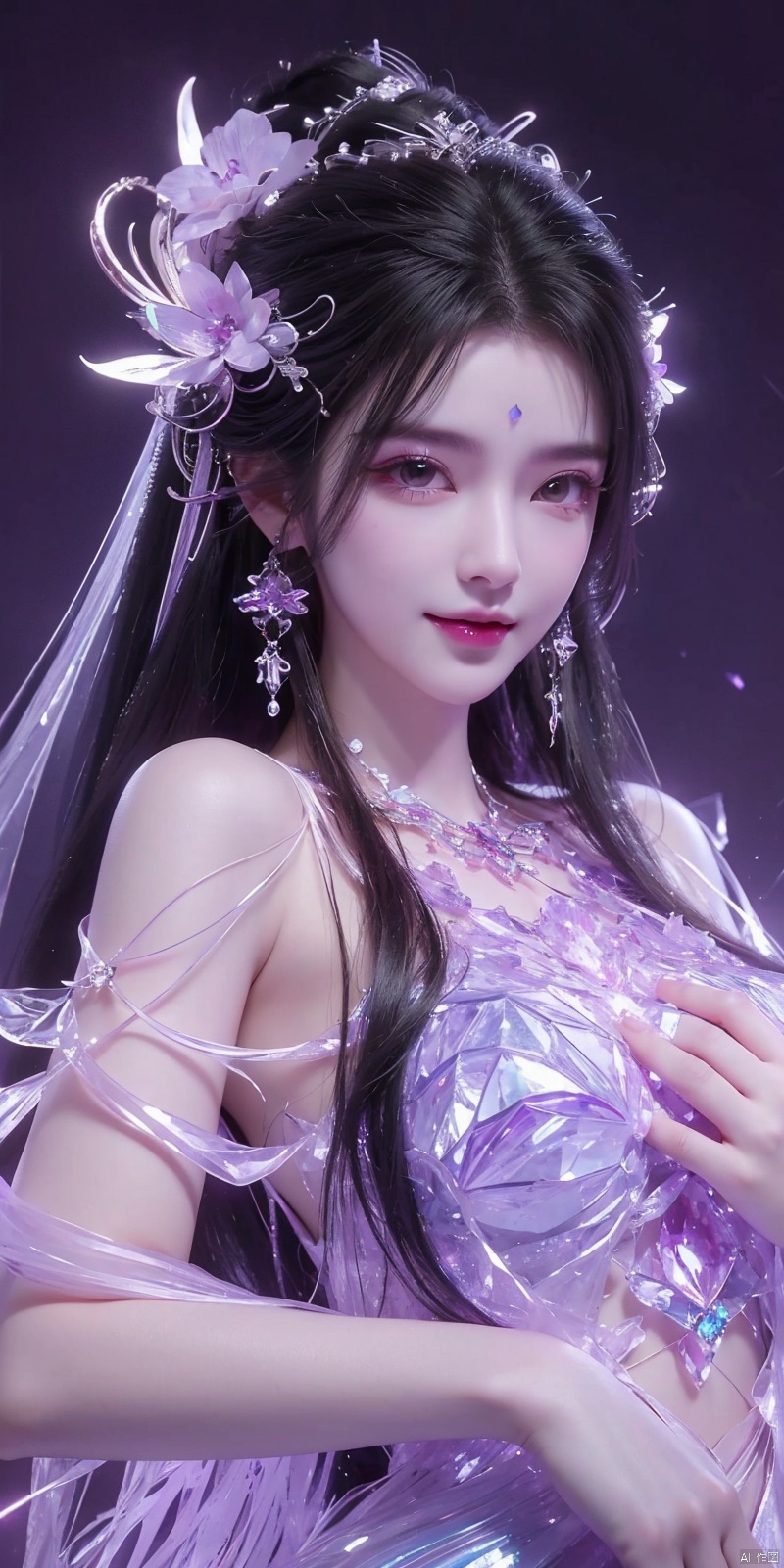  (Good structure),cowboy_shot, DSLR Quality,Depth of field ,looking_at_viewer,Dynamic pose, , kind smile,
1 girl,(Purple light effect),hair ornament,jewelry,looking at viewer, (\meng ze\), wangyushan, dofas,(ultra-detailed crystallization),transparent crystals, qingyi