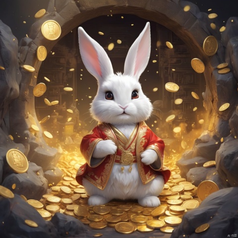  ((best quality)), ((masterpiece)), A cute cartoon rabbit IP standing in the treasure of gold and silver, eyes looking at the audience, surrounded by gold coins, treasure, wealth, (Chinese ink style:1.1), (dynamic composition:1.2), (unfettered spirit:0.9)