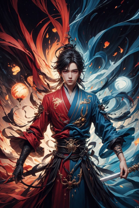 ,Sharp eyes,male,chinese_style,(sword:1.2),medium hair,red eyes,(solo:1.3),,
Professional,(masterpiece:1.2),best quality,PIXIV,taoist, eaba, huacheng,Look into the camera,Blue robes, blue clothes