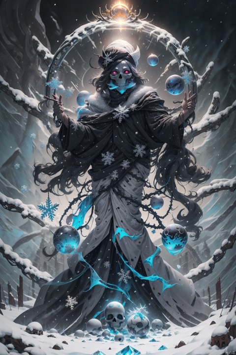  Masterpiece, high detail, 8K, high-definition,(Skull Mage), white skeleton, wearing a black magic robe with a silver white snowflake pattern, a black wizard hat with silver white snowflakes, (sparkling ice blue crystal eyeballs), slightly upturned mouth, surrounded by a silver white magic halo, with small snowflakes floating in the halo, (a black staff inlaid with ice blue crystals, wrapped in a vine like light), with a violent blizzard in the background, The snowflakes rolled up by the strong wind are dancing in the air, and the momentum of the blizzard and the magical aura of the skeleton mage complement each other. The movie lighting effect, depth of field, and sense of luxury

