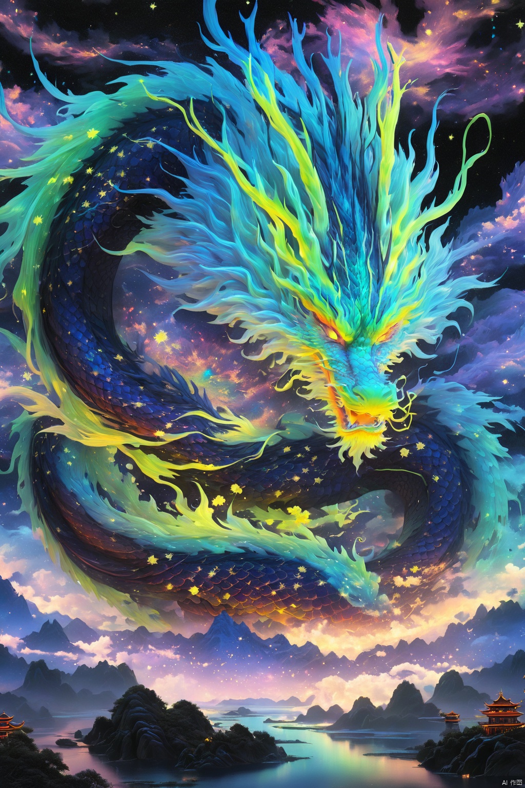  （The mythical Chinese dragon：1.24）,epic, black, neon green, blue, thin lines, x-ray effect, threads, fairytale landscape, hyperrealism, micro-details, surreal, detailing, transparent watercolor+ink, pastel shades, clear outline, stardust, incredible beautiful landscape, dark botanical,dark fantasy,multicolor,multilayer, 3d, threads, fibers, engraving, color illustration, star map, moon, volumetric, unusual fluffy flowers, anhei