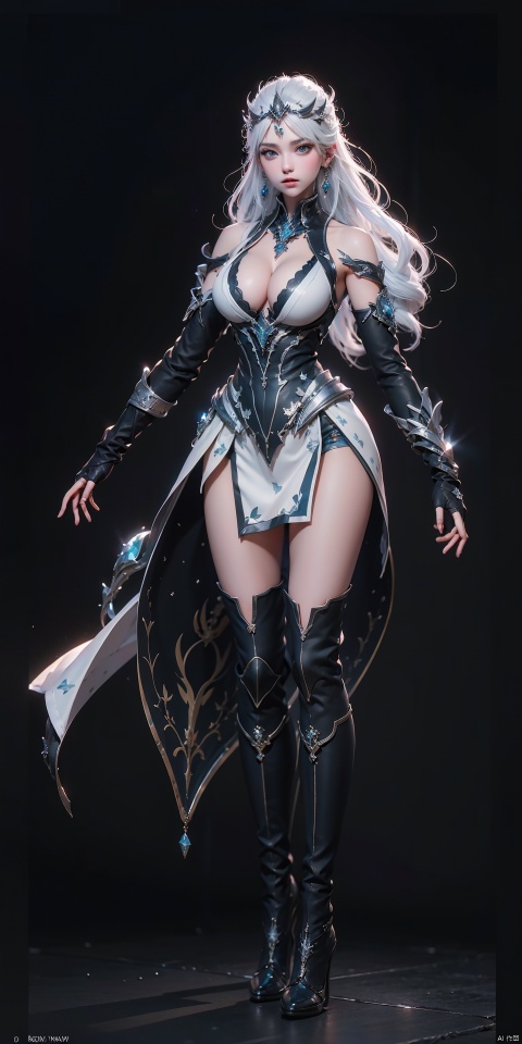  Luna,1girl,solo,full body,earrings,jewelry,gloves,thighhighs,boots,long hair,blue eyes,elbow gloves,fingerless gloves,white hair,bare shoulders,clothing cutout,medium breasts,armor,, (raw photo:1.2),((photorealistic:1.4))best quality,masterpiece,illustration,an extremely delicate and beautiful,extremely detailed,CG,unity,8k wallpaper,Amazing,finely detail,masterpiece,best quality,official art,extremely detailed CG unity 8k wallpaper,absurdres,incredibly absurdres,huge filesize,ultra-detailed,highres,extremely detailed,beautiful detailed girl,cinematic lighting,1girl,pale skin,tall female,(perfect body shape),skinny body,Slender legs, 1girl