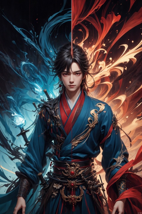 (((Turn sideways, face the camera))),male,chinese_style,(sword:1.2),medium hair,red eyes,(solo:1.3),,
Professional,(masterpiece:1.2),best quality,PIXIV,taoist, eaba, huacheng,Look into the camera,Blue robes, blue clothes