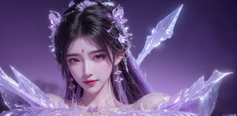 solo, (Good structure),cowboy_shot, DSLR Quality,Depth of field ,looking_at_viewer,Dynamic pose, , kind smile,
1 girl,(Purple light effect),hair ornament,jewelry,looking at viewer, (\meng ze\), wangyushan, dofas,(ultra-detailed crystallization),transparent crystals, qingyi