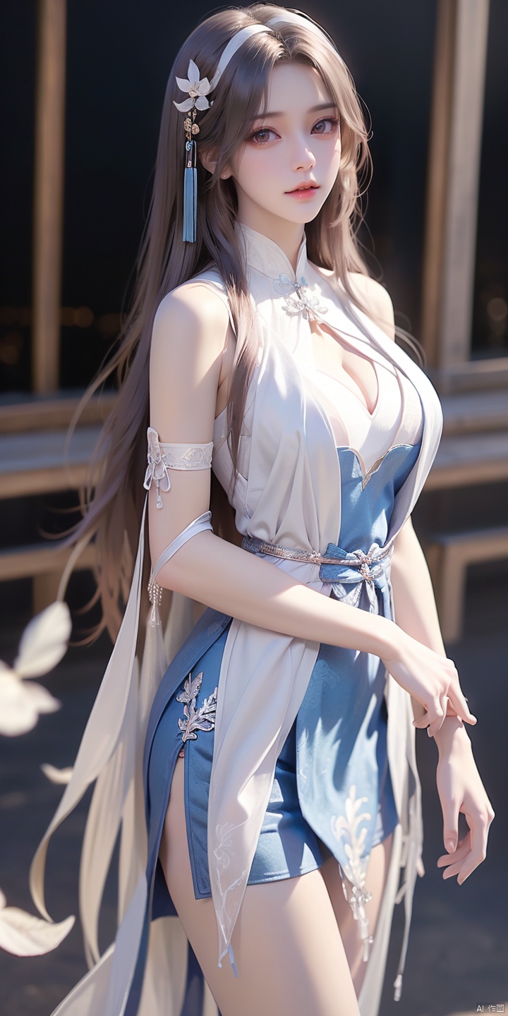  XS,1girl,solo,long hair,high_heels,dress,black hair,hairband,anklet,jewelry,hair ornament,bare legs,blue dress,brown eyes,
looking at viewer,realistic,ribbon,sleeveless,bangs,cosplay,chinese clothes,
blue theme,
brown hair,blue hairband,
detached sleeves,white dress,flower,bare shoulders,, (raw photo:1.2),((photorealistic:1.4))best quality,masterpiece,illustration,an extremely delicate and beautiful,extremely detailed,CG,unity,8k wallpaper,Amazing,finely detail,masterpiece,best quality,official art,extremely detailed CG unity 8k wallpaper,absurdres,incredibly absurdres,huge filesize,ultra-detailed,highres,extremely detailed,beautiful detailed girl,cinematic lighting,1girl,pale skin,tall female,(perfect body shape),skinny body,Slender legs,, pale skin,tall man,long legs,thin leg, lvshui-green dress, yue , hair ornament , hanfu, yunxi