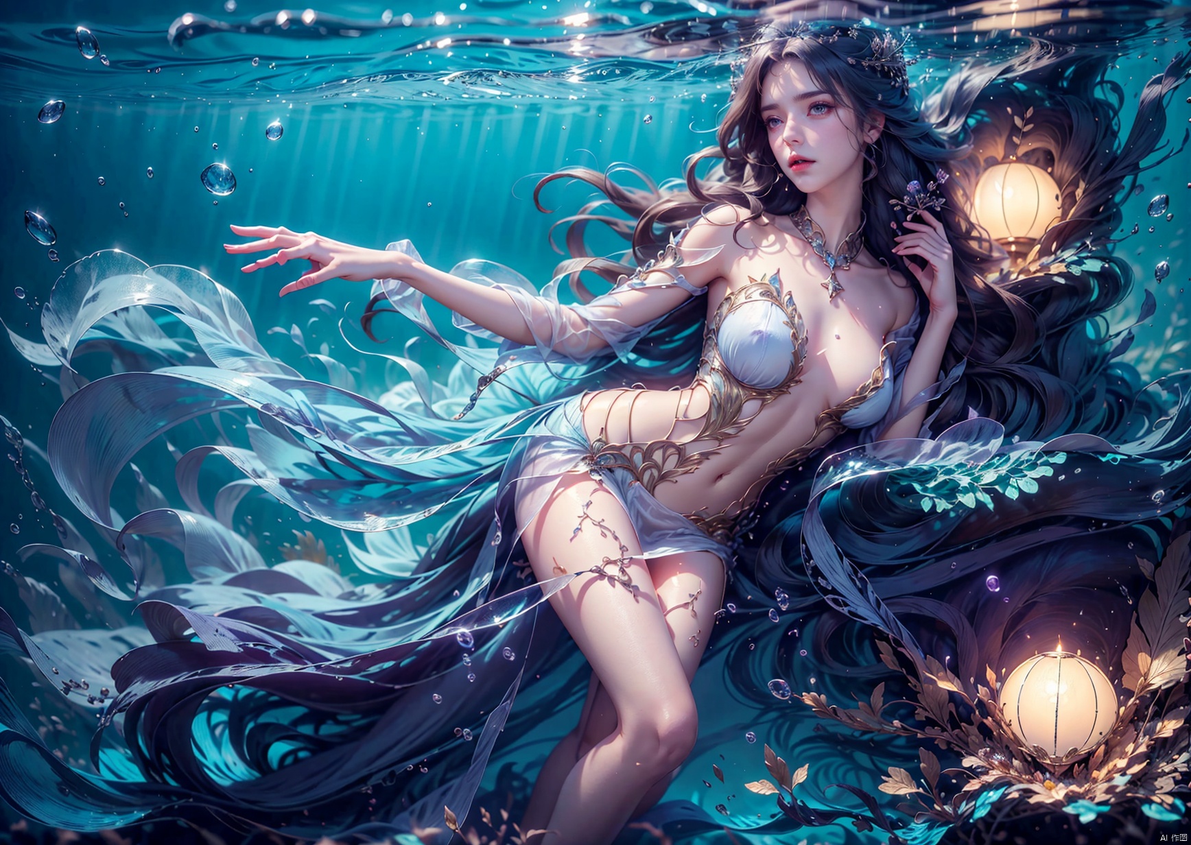  1 Girl, long green hair, purple eyes, curled up inside the ocean ball, full body, quiet, under the sea, bubbles, coral, perspective, depth of field, masterpiece, master work, fantastic, dreamlike, qingyi, 1girl,A gauzy skirt,Long dress, yifu, yunxi, ((poakl))