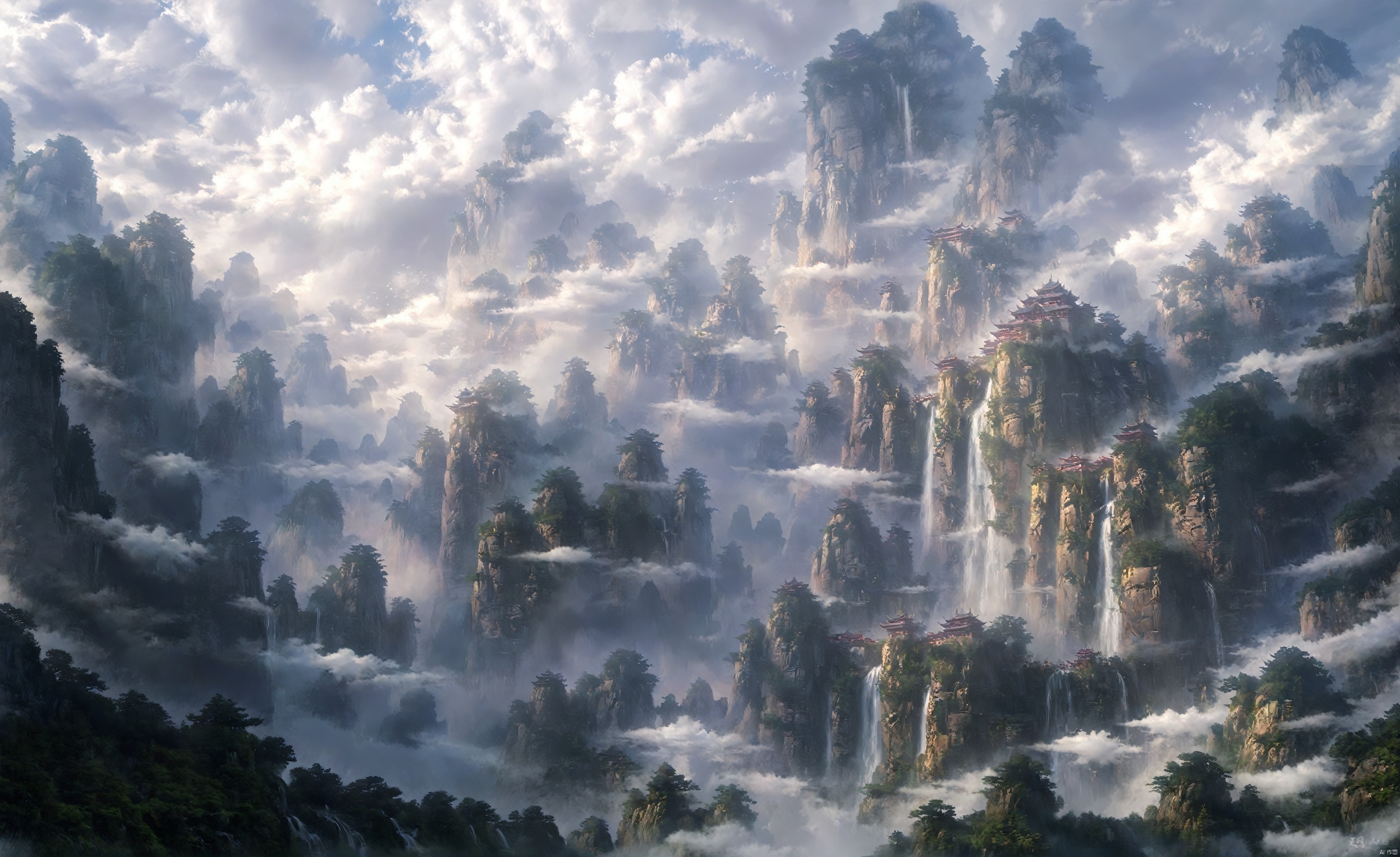 Fairyland, cloud, cloud, cloud, ((masterpiece)), mountain, Zhangjiajie, cloud, landscape, water, ((boutique)), sky, cloud, waterfall,. RPG, ananmoo