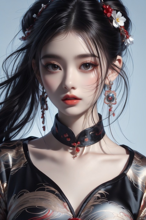  1girl, solo, black hair, short hair, jewelry, realistic, earrings, hair ornament, black eyes, lips, collarbone, parted lips, flower, watermark, upper body, portrait, hair flower, dress, web address, looking awayirt, Light master, poakl ggll girl, smwuxia Chinese text blood weapon:sw,Get on the ground. Look over your shoulder. Butt