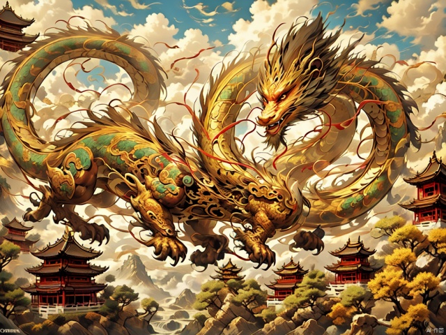  The dragon soars in the sky, surrounded by golden clouds, with ancient chinese Chinese buildings, courtyards, mysterious pavilions, and mountains in the background