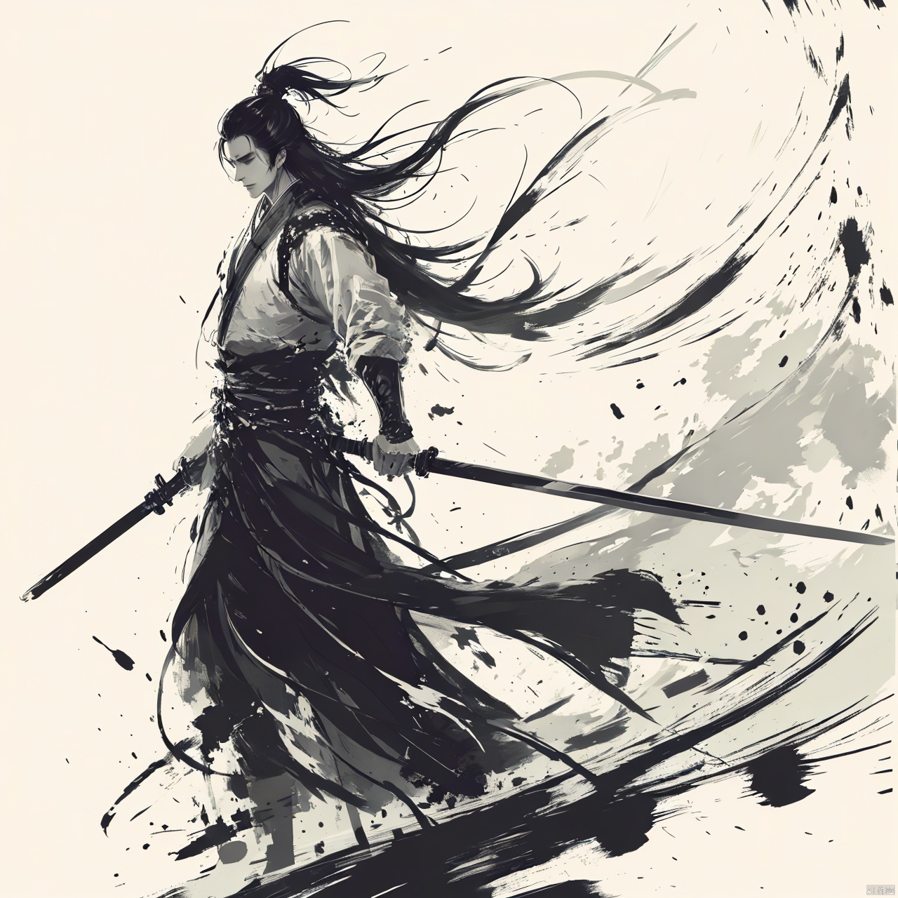  a boy,long hair,black hair,full body,smwuxia,Chinese text,blood splatter,weapon:sw,blood