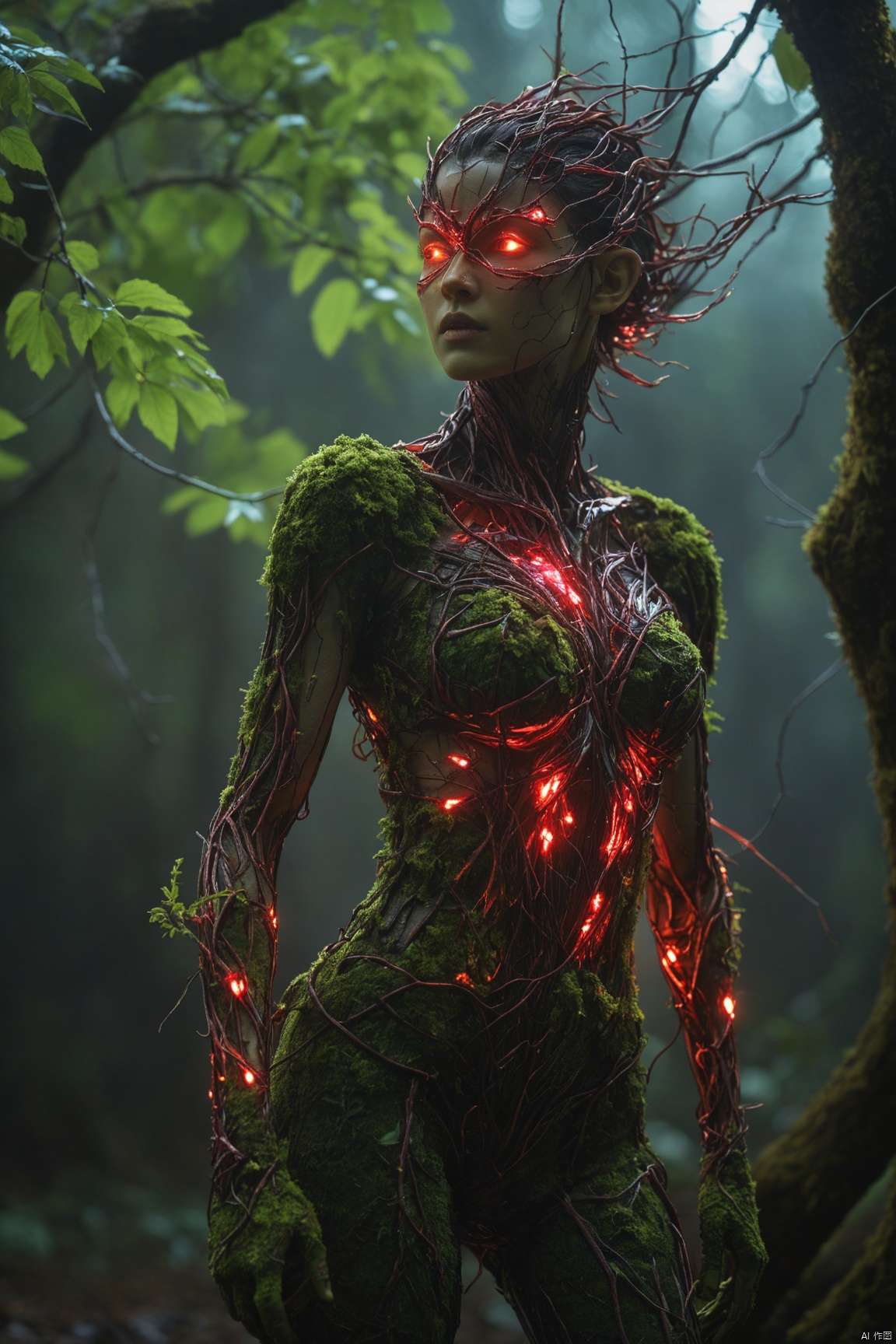  excellent lighting, super detail, depth of field, science fiction, colorful, masterpiece, best quality, ((high saturation)),((ultra-detailed)), Fujifilm, depressed, (Obsidian and Ruby),(Cyberpunk Treeman), (Treegirl), metal leaves, wired branches, glowing light eyes, mechanical bark, with moss-covered bark, tendrils extending from the body, Neon lights on the body, (Lightning around branches and leaves), (Tabebuia chrysantha), Soft and delicate petals, ultra fine, (realistic, photo realistic, (photo realistic:1.5)), wind, fire, electricity, glowing, 1girl, (full body:1.2)