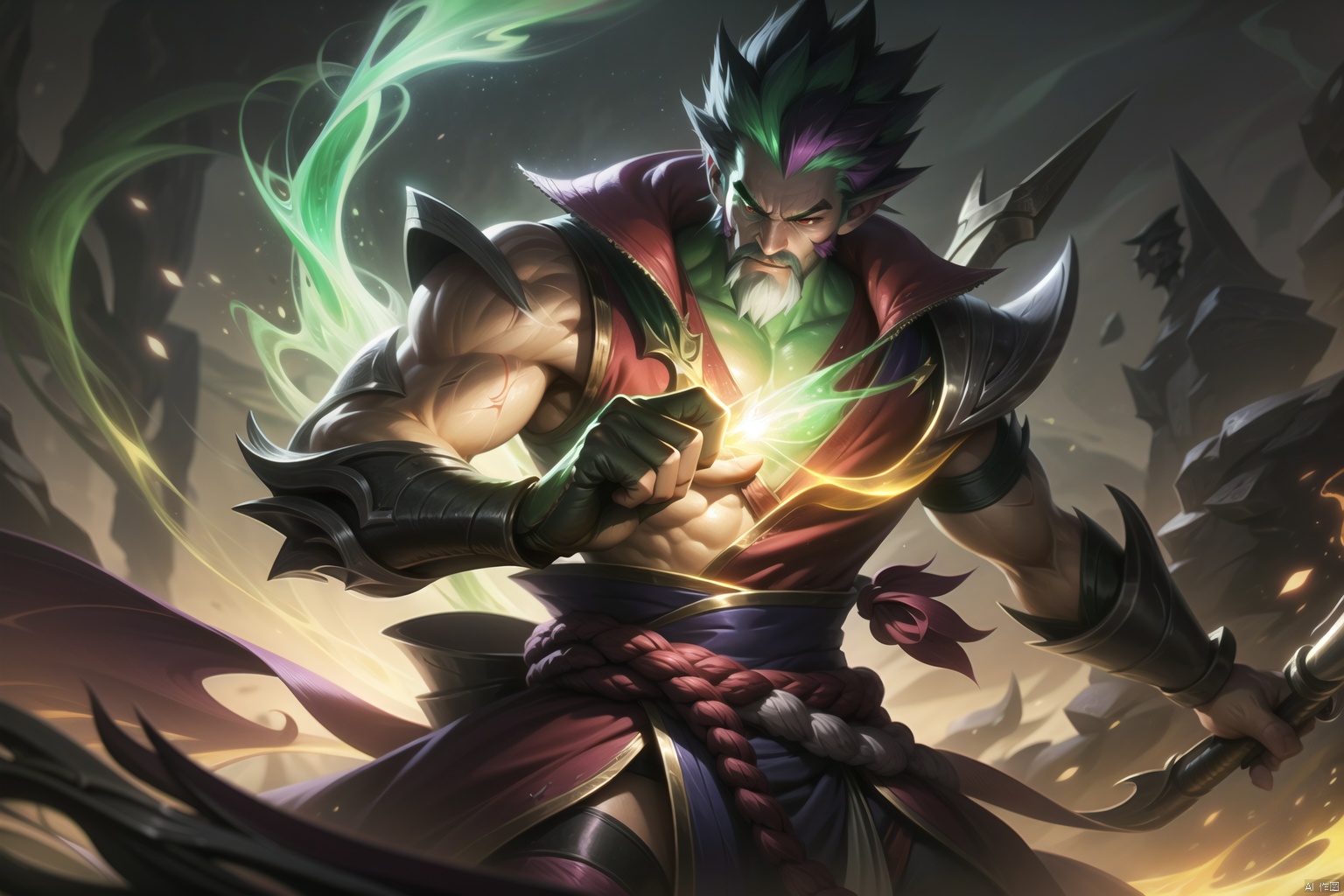  The heroic character in "League of Legends", he wears warrior armor, exudes a green aura, and holds a big knife in his hand. A close-up of a character, this painting adopts the fantasy art style of "League of Legends" illustrations. --ar 128:85, , songoku,black monkey king,uchiha sasuke