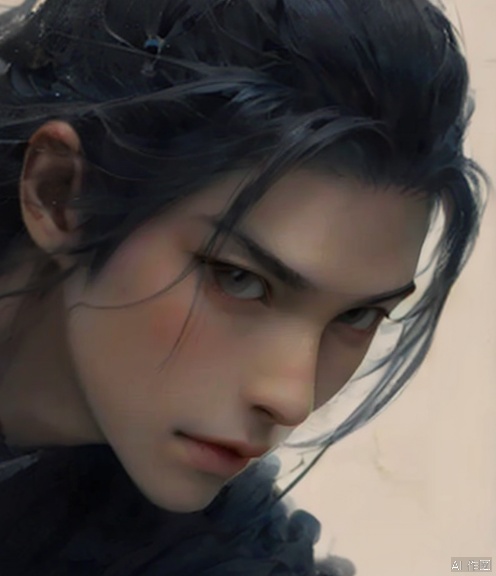  sdmai, wuxia, Chinese ink painting, artistic ink painting, Chinese martial arts films, wearing black robes, fighting posture, cinematic grandeur, splashing details, wild and powerful, solo, weapon, black hair, sword, long hair, male focus, looking at viewer, 1boy, scar, asuo, 1boy, solo, ,long hair,With a sword in hand, the body rotates forward, rotates the knife, eyes look at the enemy, ink, ink splashing, the cloak is landscape painting