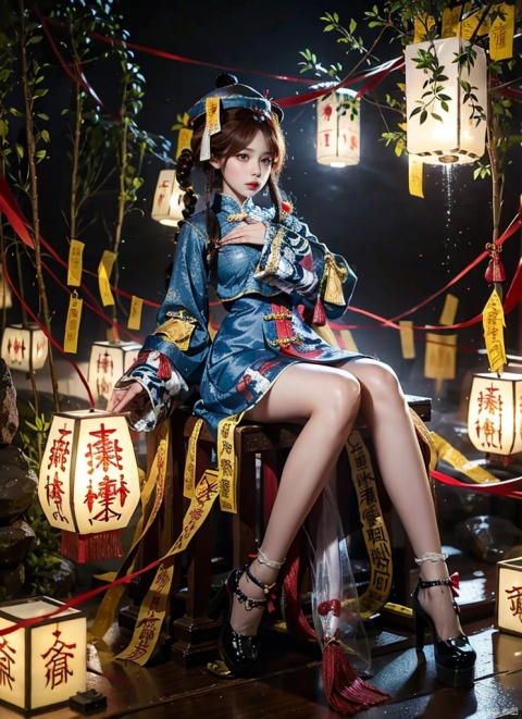 High quality, masterpiece, 1 girl, jiangshi, qing_ Guanmao,breast curtains,china dress, spells,Sexy, ((poakl))