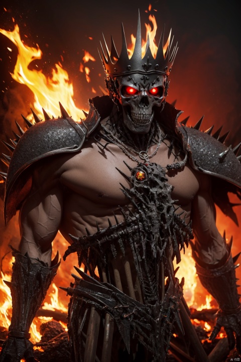  Masterpiece, high detail, 8K, high-definition, Skeleton King, muscular lines, prominent skeletal structure, black armor composed of bones and metal, raised spikes and notches, huge battle axe decorated with bones and metal, burning red eyes, adorned with pendants and necklaces, crown set with precious gemstones, surrounded by special effects of burning flames and dark energy, cinematic lighting, depth of field, overall in red and black tones, with eye-catching yellow accents

, horror (theme)