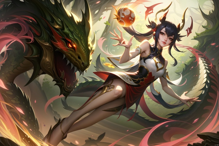  (masterpiece, best quality,top quality),(wide shot:0.95),Dynamic angle,solo,1girl,league of legend,loong,chinese_dragon
