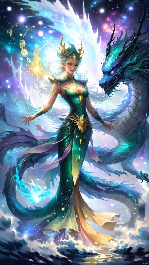  The dragon Queen's body gradually melts into the deep universe, and her form is as bright as the stars. In the endless universe, she spread her wings, and the light in her golden eyes led the dance of the galaxies. Her presence transcends the boundaries of the underwater world and becomes the dragon Queen of the universe, connecting the mysterious energies between the stars