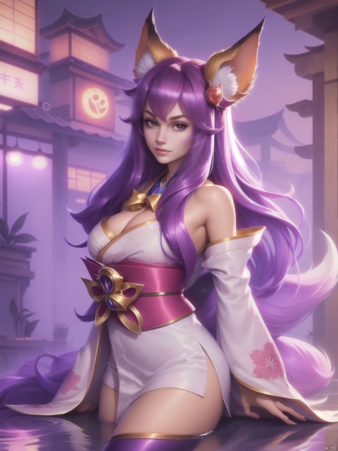 1girl,long hair, bell, bare shoulders, cleavage, fox ears, hair beel,hair ornament, japanese clothes, kimono,tail,fox tail, facial hair, (whisker marking:1.1),cityscape, night, legwear,  bowtie, looking at viewer,  , shamila, league of legend,Ahri