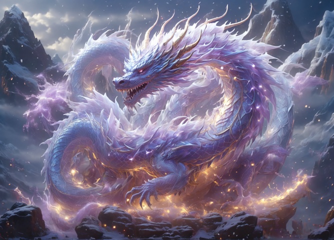 The right side,Right side. Look at the camera, realistic,chinese purple Ice Dragon, desolate, intricately detailed, artistic lightning, particles, beautiful, amazing, highly detailed, digital art, sharp focus, trending on art station,amazing6, BJ_Sacred_beast