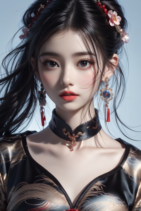  1girl, solo, black hair, short hair, jewelry, realistic, earrings, hair ornament, black eyes, lips, collarbone, parted lips, flower, watermark, upper body, portrait, hair flower, dress, web address, looking awayirt, Light master, poakl ggll girl, smwuxia Chinese text blood weapon:sw,Get on the ground. Look over your shoulder. Butt