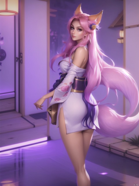 1girl,long hair, bell, bare shoulders,  hair beel,hair ornament, japanese clothes, kimono,tail,fox tail, facial hair,,cityscape, night, looking at viewer,  , shamila, league of legend,Ahri