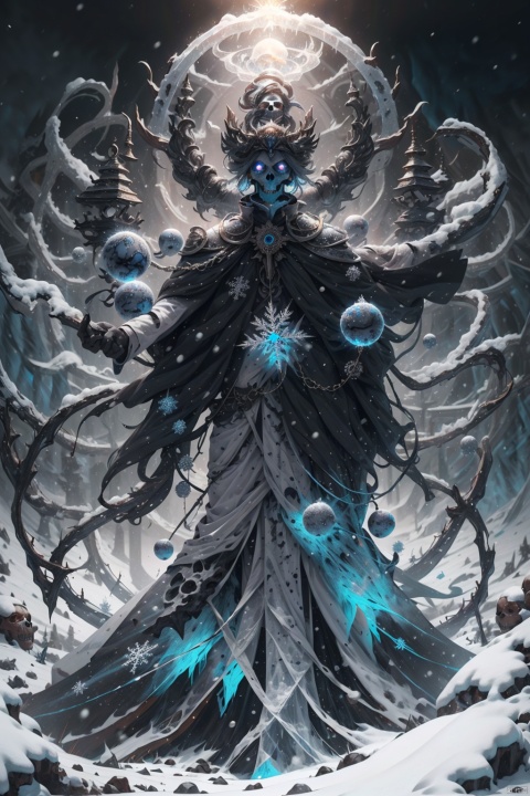  Masterpiece, high detail, 8K, high-definition,(Skull Mage), white skeleton, wearing a black magic robe with a silver white snowflake pattern, a black wizard hat with silver white snowflakes, (sparkling ice blue crystal eyeballs), slightly upturned mouth, surrounded by a silver white magic halo, with small snowflakes floating in the halo, (a black staff inlaid with ice blue crystals, wrapped in a vine like light), with a violent blizzard in the background, The snowflakes rolled up by the strong wind are dancing in the air, and the momentum of the blizzard and the magical aura of the skeleton mage complement each other. The movie lighting effect, depth of field, and sense of luxury

