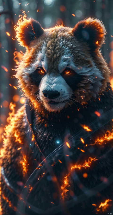 panda,Crucu,The whole body,flame, burning,sparks,light particles,yinghuo,Colorful flames, blue_zhangyu, No humans,