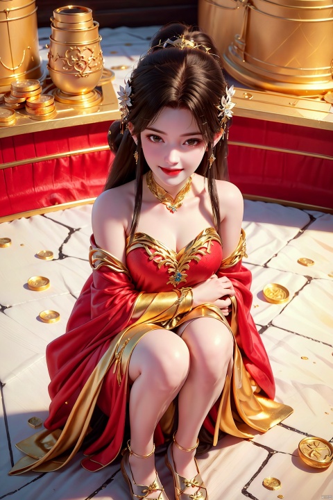  (((Above the knee))), Hold the gold ingots with your hands open, hold the gold ingots in your hands, Looking from top to bottom,A girl,Long red hair,red dress,God of wealth,((( full body))), lots of gold coins falling, gold coins shining, festive atmosphere, solo, blush, (smile: 1.3), smiling eyes,, wide sleeves,, hat, 3D modeling and rendering, high definition, detail enhancement,facai, facai,Hair accessories,,messy bun, looking at the audience, soft lighting,Best quality, ultra-high resolution, (photo realism: 1.4),enticing posture, 1girl, facai,yuzu, qingyi,hair ornament