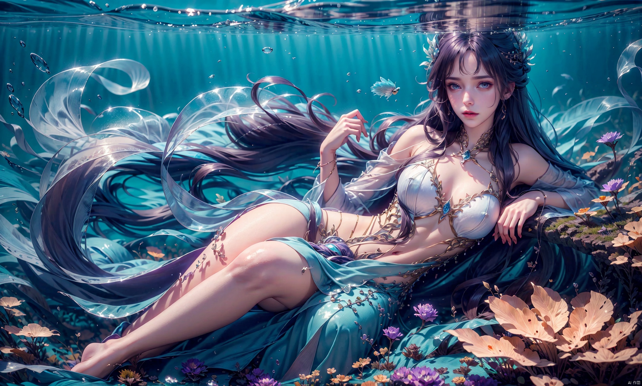  1 Girl, long green hair, purple eyes, curled up inside the ocean ball, full body, quiet, under the sea, bubbles, coral, perspective, depth of field, masterpiece, master work, fantastic, dreamlike, qingyi, 1girl,A gauzy skirt,Long dress, yifu, yunxi, ((poakl)),purple hair