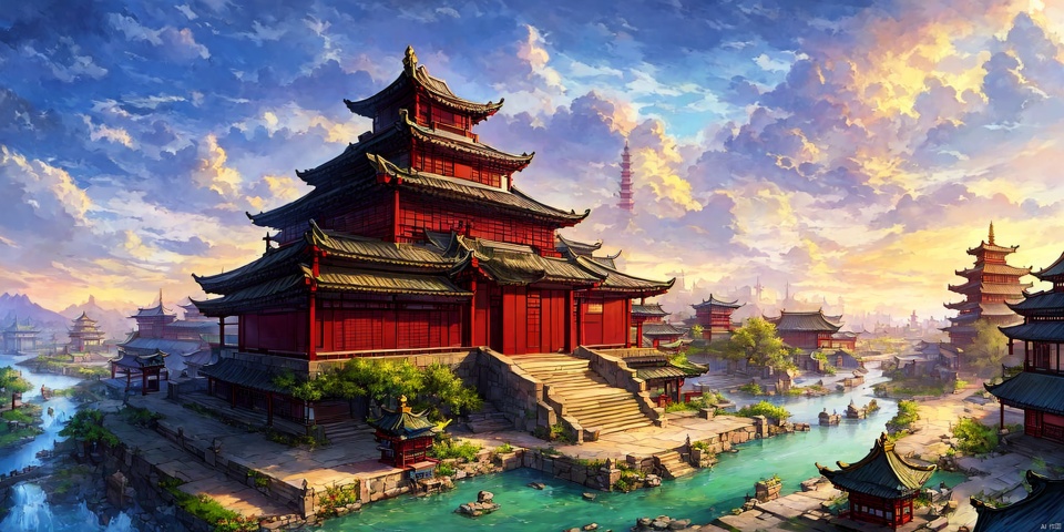  scenery,architecture,east asian architecture,cloud,outdoors,sky,building,pagoda,tree,bridge,day,water,no humans,cloudy sky,rooftop,mountain,city,stairs,, Best Quality,Highest Resolution,Super Detail,Ultra HD,8K,Masterpiece,Solo,