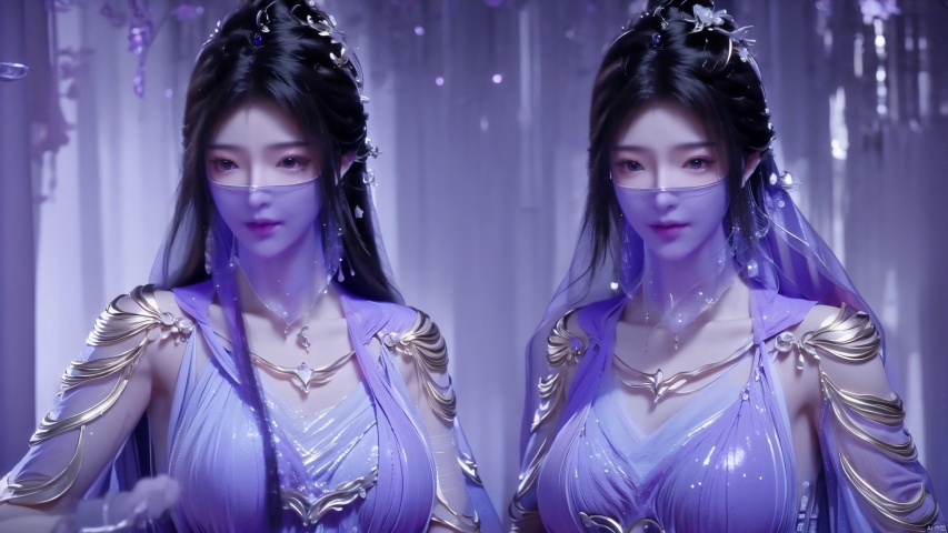 (((Veils, masks))), translucent veils,solo, (Good structure),cowboy_shot, DSLR Quality,Depth of field ,looking_at_viewer,Dynamic pose, ,The seductive look, the enchanting look,
1 girl,(Purple light effect),hair ornament,jewelry,looking at viewer, (\meng ze\), wangyushan, dofas,(ultra-detailed crystallization),transparent crystals, qingyi,ziling_xianzi