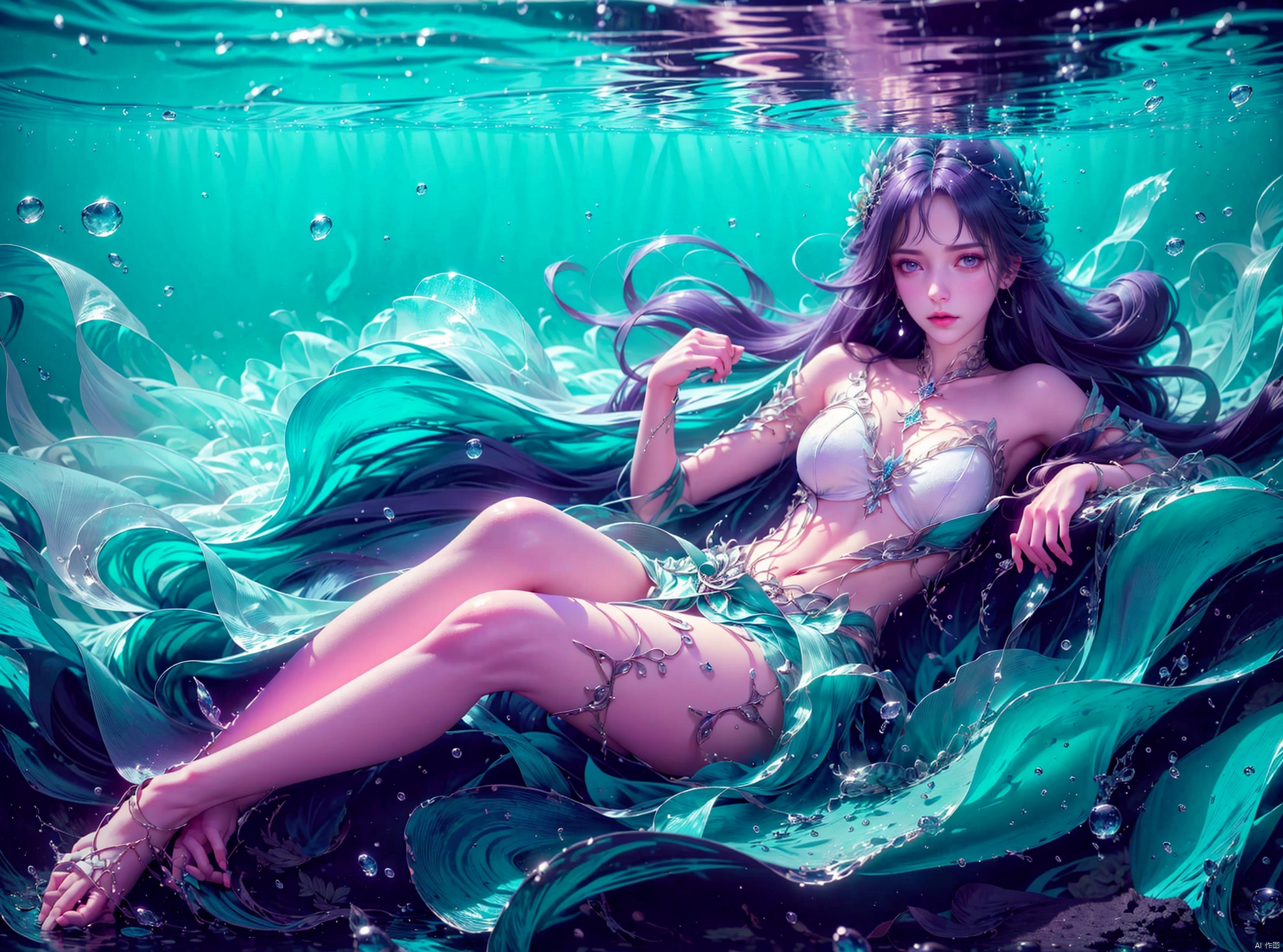  1 Girl, long green hair, purple eyes, curled up inside the ocean ball, full body, quiet, under the sea, bubbles, coral, perspective, depth of field, masterpiece, master work, fantastic, dreamlike, qingyi, 1girl,A gauzy skirt,Long dress, yifu, yunxi, ((poakl))