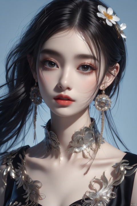  1girl, solo, black hair, short hair, jewelry, realistic, earrings, hair ornament, black eyes, lips, collarbone, parted lips, flower, watermark, upper body, portrait, hair flower, dress, web address, looking awayirt, Light master, poakl ggll girl, smwuxia Chinese text blood weapon:sw