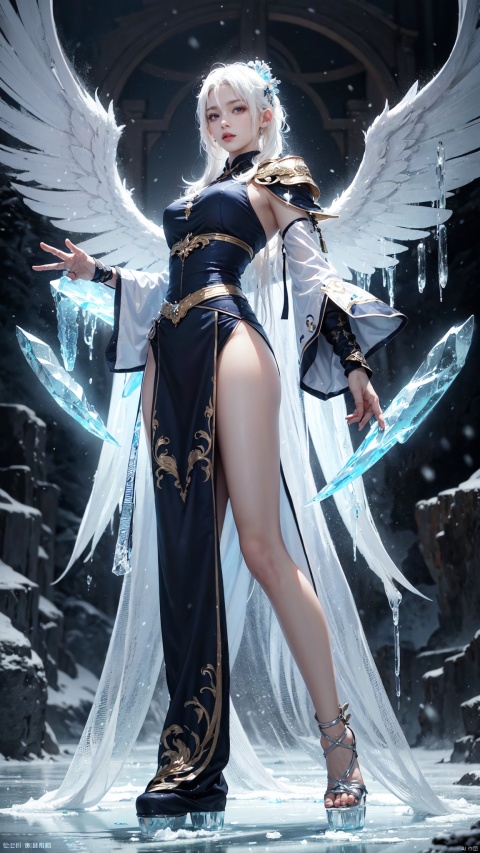  (((1girll))),(White hair:1.5),(((the upper part of the body))),Imperial water,A magician,(ice),(((Ice Phoenix))),(Perfect facial features:1.4),(Ancient Chinese Hanfu),(Mysterious magic formations:1.2),Blue glow,(Frost wings),(((Powerful ice magic))),(((Icicles))),Towering over the landscape,Blue light cold light,(((Ice storms))),Wind,((Flying snow ice and snow)),Amazing results,best qualityer,tmasterpiece,finely detailled,Complicated details,8K,8KUCG wallpaper,hdr,water blue,Magic Array,Cinematic lighting effects,lightand shade contrast,Ray traching,NVIDIA RTX,1girl,jirou,glass,hand101, yuyao