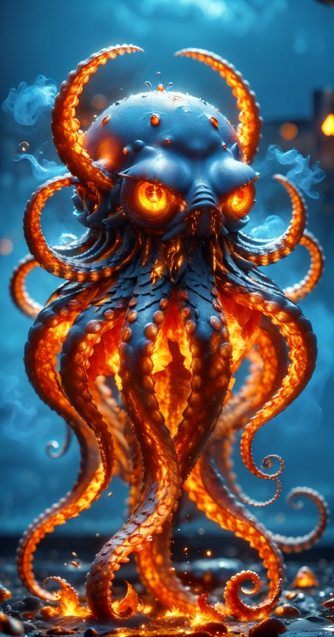  octopus,Crucu,The whole body,flame, burning,sparks,light particles,yinghuo,Colorful flames, blue_zhangyu, No humans