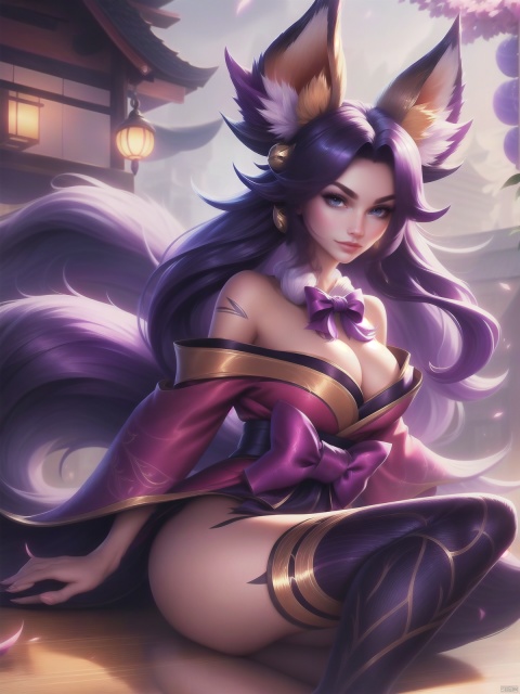 1girl,long hair, bell, bare shoulders, cleavage, fox ears, hair beel,hair ornament, japanese clothes, kimono,tail,fox tail, facial hair, (whisker marking:1.1),cityscape, night, legwear,  bowtie, looking at viewer,  , shamila, league of legend