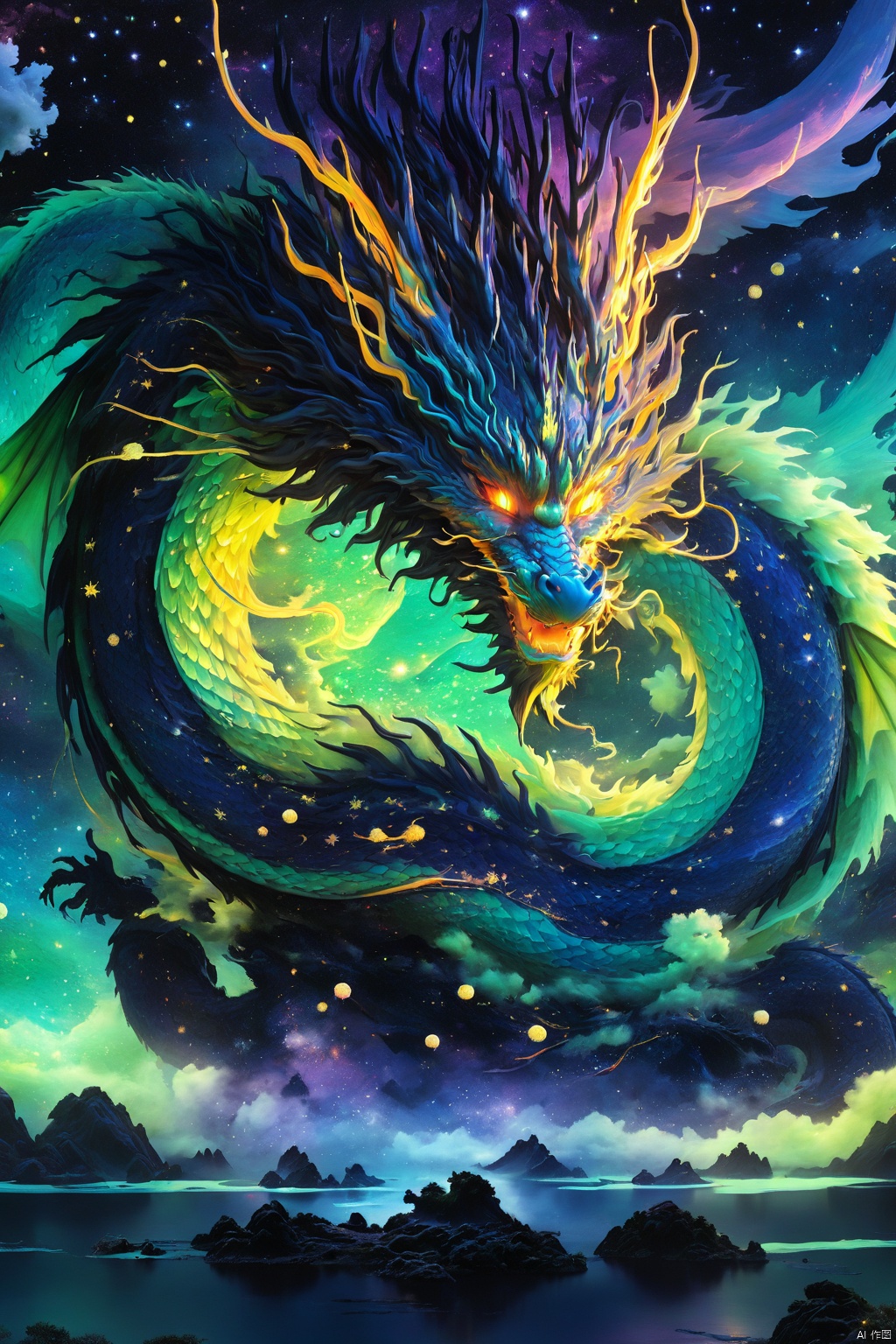  (Mythological Chinese Dragon :1.24), Epic, Black, neon Green, Blue, Fine Line, X-ray effect, Line, Fairy-tale landscape, Surrealism, Microscopic Detail, Surreal, Detail, Clear watercolor + Ink, Soft Tone, Clear Outline, Stardust, Incredibly beautiful Landscape, Dark plant, Dark Fantasy, Multi-color, Multi-layer, 3d, Line, Fiber, Carvings, color illustrations, star charts, moon, volume, unusual fluffy flowers, dark edition