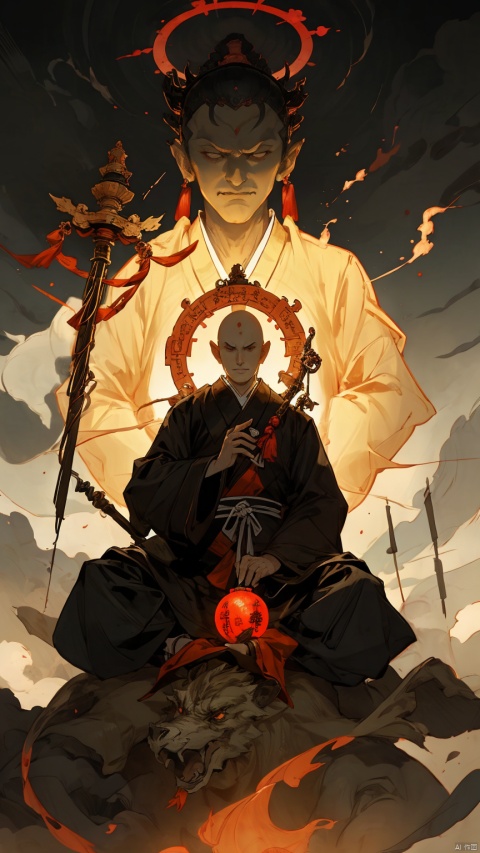  (ultra detailed, High quality ,best quality, High precision, Fine luster, UHD, 16k), (official art, masterpiece, illustration), Jizo King Bodhisattva, a monk wearing a cassock sitting on the back of the Divine Beast, bald head, holding a treasure orb, staff, with a halo on the top of his head, behind him is the Divine Beast, Hell Gate Scene, Ghost Gate, Horror, Backlight, Grand, Master Composition, Chinese Style Illustration, Clear Lines, Extreme Panorama, Vista